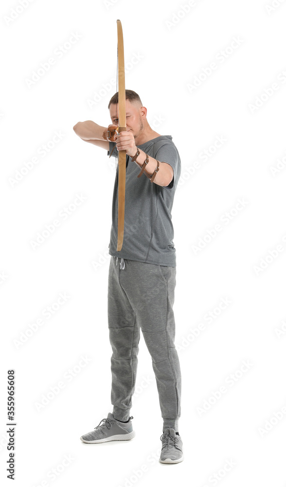 Handsome male archer with bow on white background Handsome male archer with bow on white background