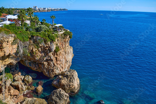 Landscape with sea, mountain and cave views. Top view, selective focus