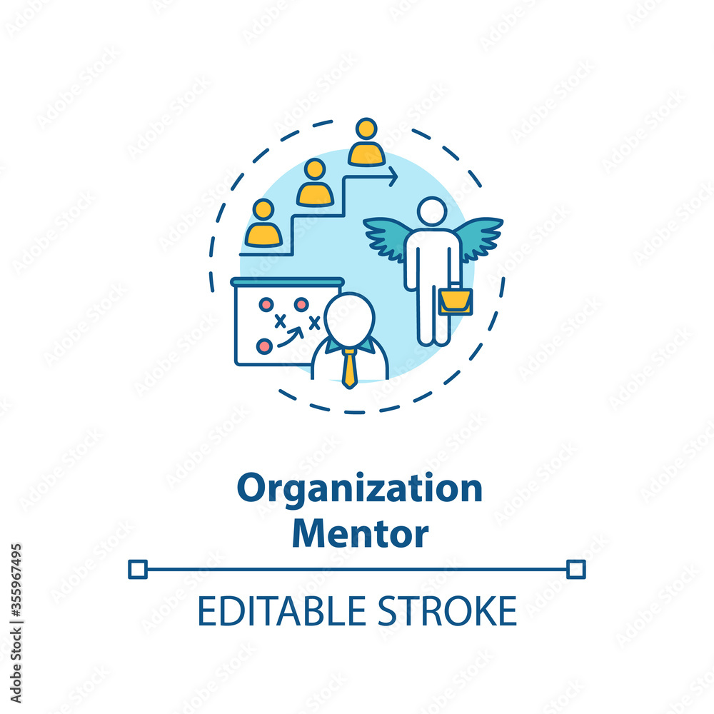 Organization mentor concept icon. Career development assistance, job promotion planning idea thin line illustration. Professional management. Vector isolated outline RGB color drawing. Editable stroke