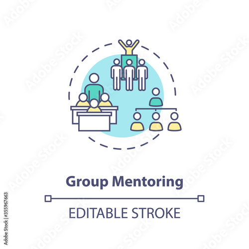 Group mentoring concept icon. Collective mentorship model. Educational seminars, conferences and school programs idea thin line illustration. Vector isolated outline RGB color drawing. Editable stroke