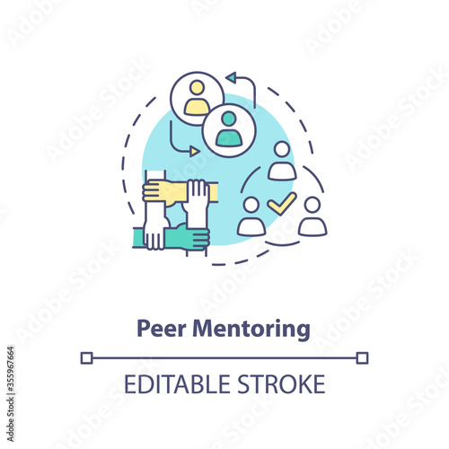 Peer mentoring concept icon. Social togetherness, mutual support idea thin line illustration. People sharing experience, helping each other. Vector isolated outline RGB color drawing. Editable stroke