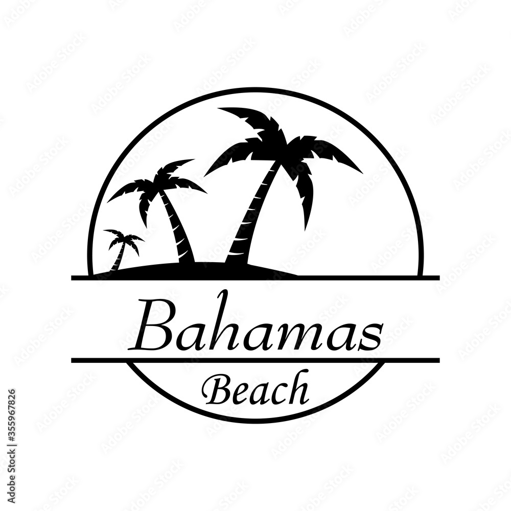 Símbolo destino de vacaciones. Icono plano texto Bahamas Beach en círculo con playa y palmeras en color negro