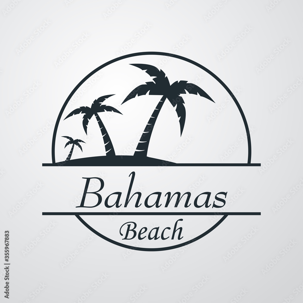 Obraz premium Símbolo destino de vacaciones. Icono plano texto Bahamas Beach en círculo con playa y palmeras en fondo gris