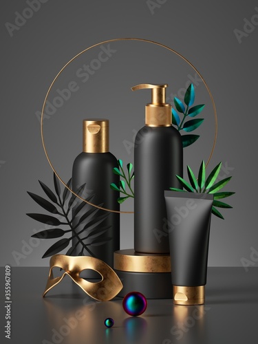 Wallpaper Mural 3d render, collection of black cosmetic bottles with golden caps isolated on dark background, gold mask, tropical leaves. Set of skin care products for men, blank package mockup premium design Torontodigital.ca