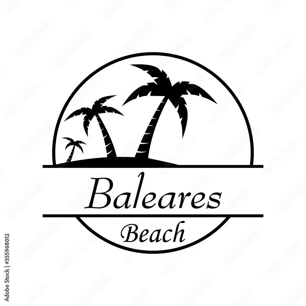 Símbolo destino de vacaciones. Icono plano texto Baleares Beach en círculo con playa y palmeras en color negro