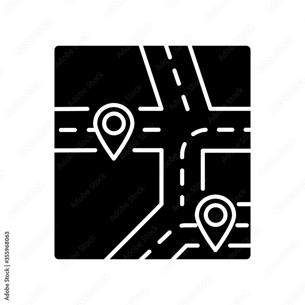 GPS map black glyph icon. Global positioning system, modern navigation technology silhouette symbol on white space. Local district map with roads and location markers vector isolated illustration GPS map black glyph icon. Global positioning system, modern navigation technology silhouette symbol on white space. Local district map with roads and location markers vector isolated illustration