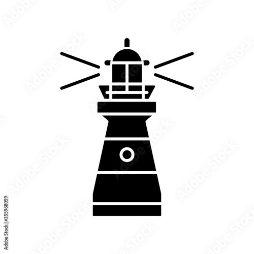 Lighthouse black glyph icon. Traditional maritime navigational landmark silhouette symbol on white space. Warning sign for sailors. Tall building with bright searchlight vector isolated illustration