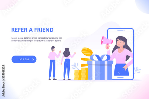 Referral marketing or affiliate marketing concept. Young woman shouts on megaphone and invites her friends to earn online reward from refer a friend loyalty program, vector illustration