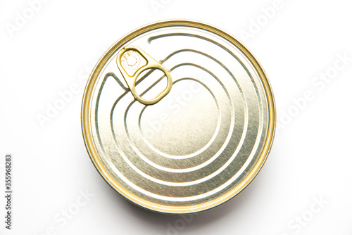 Canvastavla Closed metal tin can view from above on white background