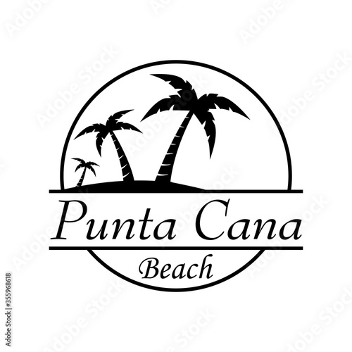 Símbolo destino de vacaciones. Icono plano texto Punta Cana Beach en círculo con playa y palmeras en color negro
