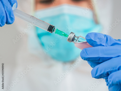 Medication that fills the syringe with medication. Vaccination and immunization.