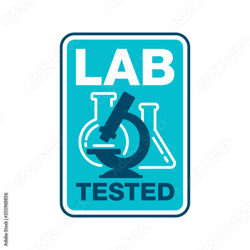 Lab tested stamp in rounded rectangle form with microscope and laboratory flask inside - isolated vector quality demonstrating element
