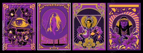 Psychedelic Art Poster Set, 1960s Hippie Style Placards, Woman in Love, Eye in Triangle, Egyptian Scarab, Old person Chief, Floral Decorations - Lily, Orchids, Iris Flowers photo