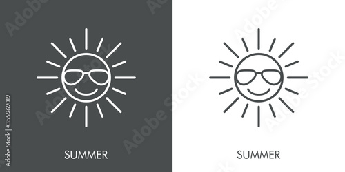 Concepto de vacaciones y viajes. Icono plano lineal sol alegre con gafas de sol y palabra SUMMER en fondo gris y fondo blanco