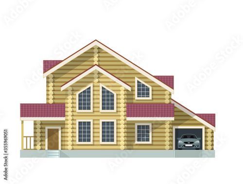 Log wooden house with two floors and garage - vector illustration