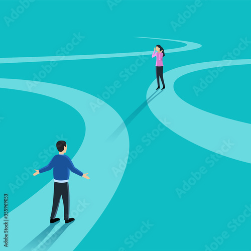 Sudden twist of fate - difficult relationship - meeting or dating of man and woman on non-overlapping paths - psychological thematical vector illustration