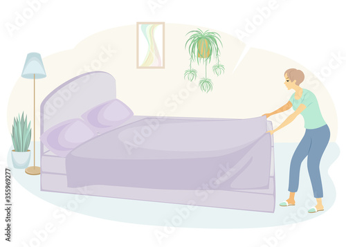 Profile of a sweet lady. The girl is making the bed in the room. A woman is a good wife and a neat housewife. Vector illustration.