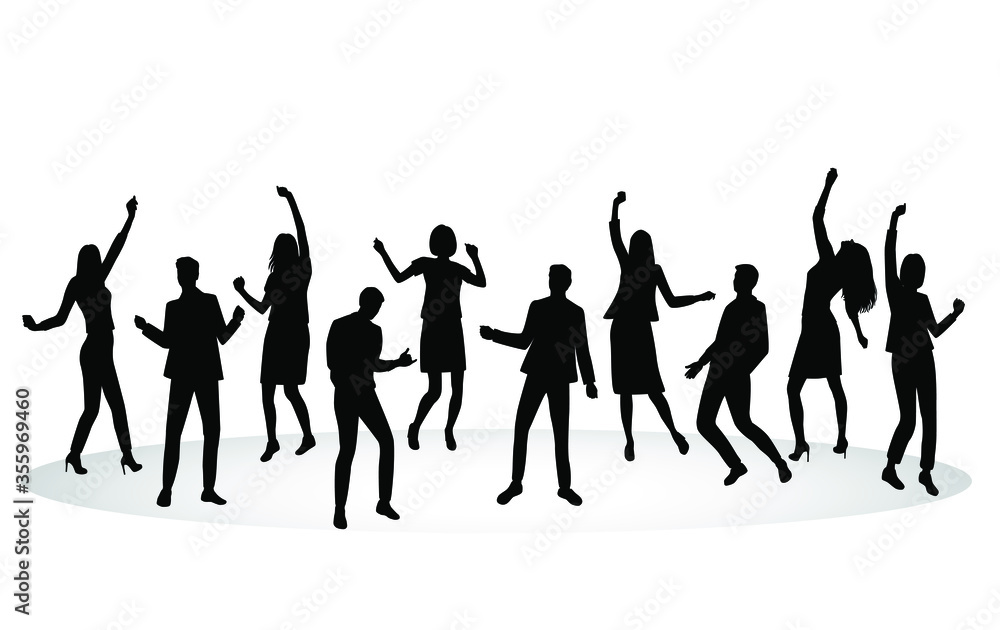 Silhouettes of group of young joyous happy business men and women, celebrating character. Happy people in office suits in different poses. Vector illustration, black color isolated on white background
