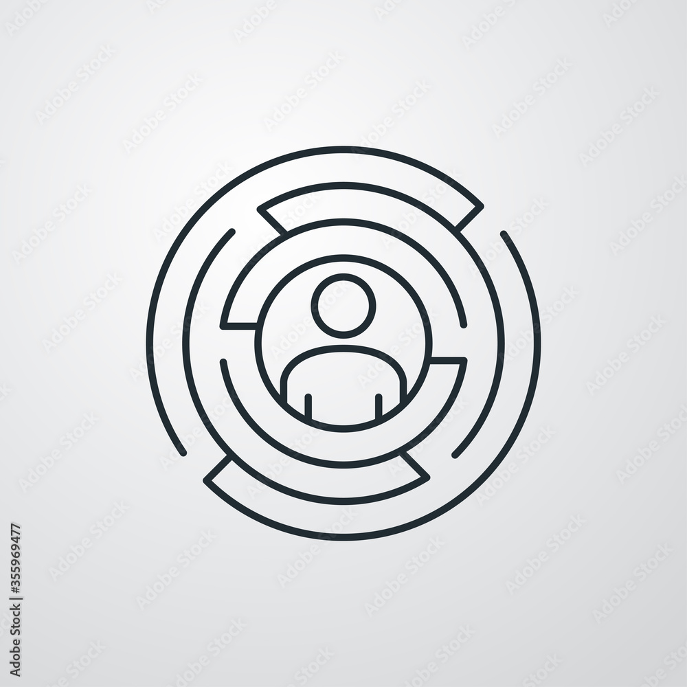 Concepto resolución de problemas. Icono plano lineal hombre en laberinto en forma de círculo en fondo gris Concepto resolución de problemas. Icono plano lineal hombre en laberinto en forma de círculo en fondo gris