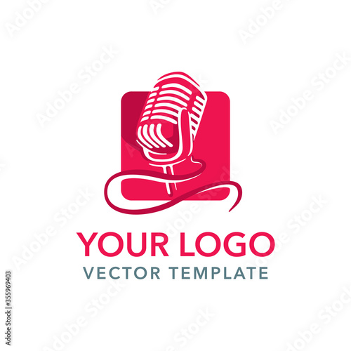 Vintage microphone silhouette in rectangle - vector logo template for leading, singer, event, karaoke party