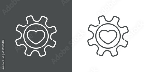 Icono plano lineal engranaje con corazón en fondo gris y fondo blanco