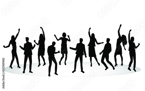 Silhouettes of group of young joyous happy business men and women  celebrating character. Happy people in office suits in different poses. Vector illustration  black color isolated on white background