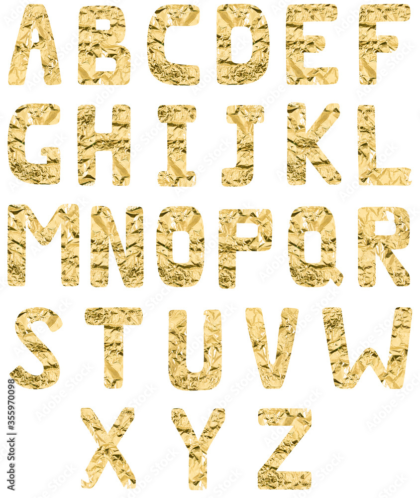 Isolated set of Font English or Latin alphabet A-Z made of crumpled golden foil on a white background Isolated set of Font English or Latin alphabet A-Z made of crumpled golden foil on a white background