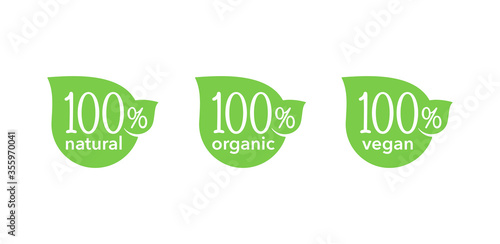 100 natural, 100 organic, 100 vegan icons - tag for hundred percent healthy food, vegetarian nutrition in leaf shape - vector sticker set