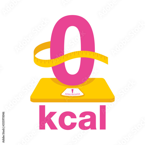 0 kcal icon - stamp for packaging of zero calories diet food packaging - zero sign stands on weight scales with measuring tape around