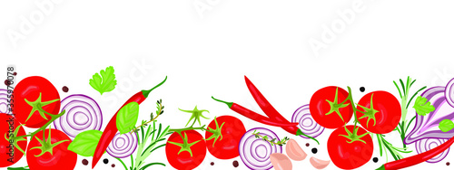 A long banner with the image of fresh vegetables  tomatoes  hot peppers  onions  herbs and spices. White background. The concept of healthy eating. Vector realistic hand drawing.