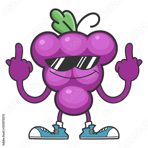 Grape cartoon character with sunglasses gving the middle fingers