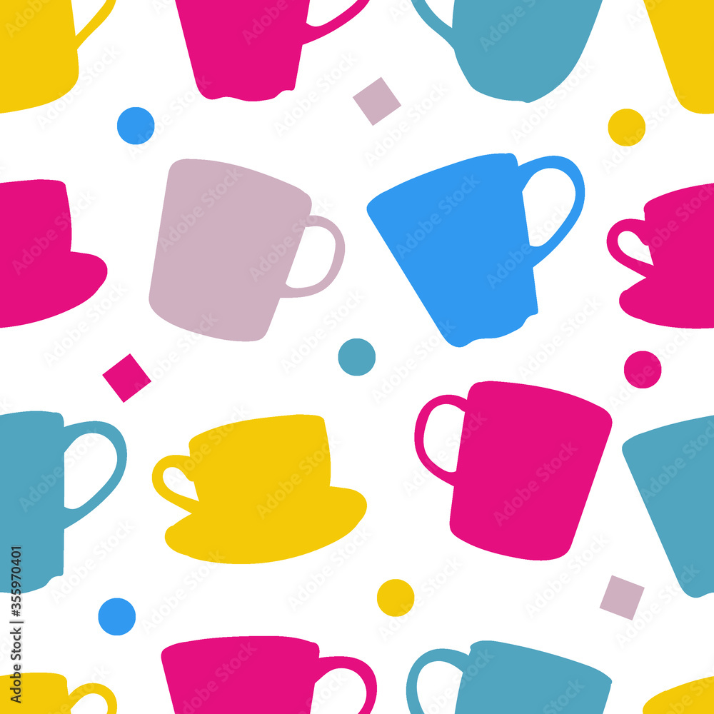 Multi-colored silhouettes of tea cups on a white background. Seamless pattern. Vector hand drawing.