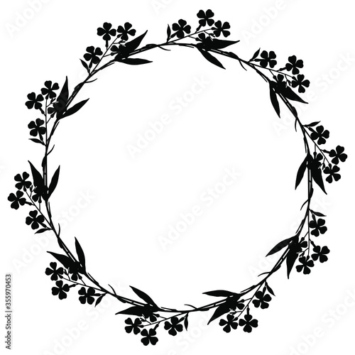 Round floral frame or border. Wreath of Hesperis Alba flower branches. Dame's Rocket. Sweet Rocket. Black and white silhouette.	