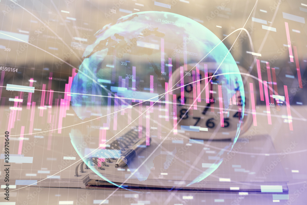 Double exposure of financial graph drawings and desk with open notebook background. Concept of forex market