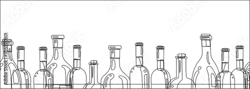 The silhouettes of the bottles of alcohol on a white background. Long banner for website design, menu, and wine list. Vector drawing.

