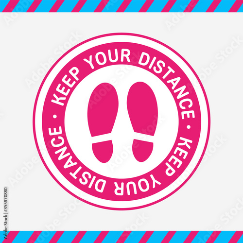 Pink floor round sticker that tells you to keep your distance avoid spreading coronavirus. Protection, medical health. For children's areas, in public places.