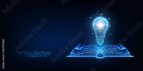 Futuristic knowledge, creative thinking concept with glowing low polygonal book and lightbulb