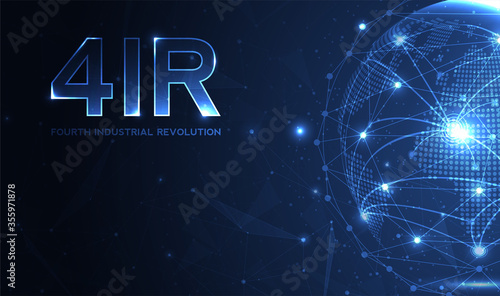 Fourth industrial revolution on futuristic hud with world map globe. concept of automatization, machinery, robotic technology, industrial revolution and artificial intelligence.
