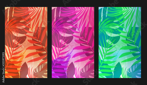 Tropical pattern. Summer tropic background. Green and pink jungle leaves Colorful flower collection with a watercolor drawing of leaves. Spring or summer design for invitation, wedding or greeting car