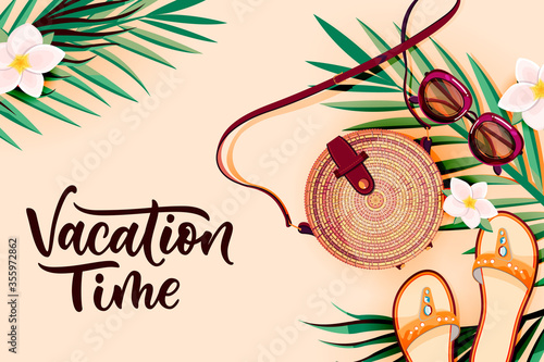 Summer fashion accessories on tropical palm leaves background. Vacation time calligraphy lettering. Vector illustration