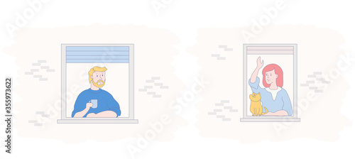 Neighbors in the open windows of the house. A cute girl with a red cat greets a guy who drinks coffee. Fun, friendship, staying at home, chatting. The concept of self-isolation, staying at home, relat