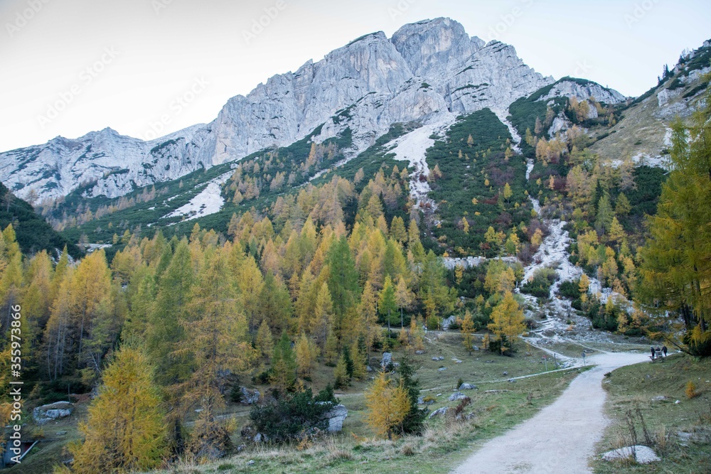A trail through green trails and snow capped peaks in Slovenia A trail through green trails and snow capped peaks in Slovenia