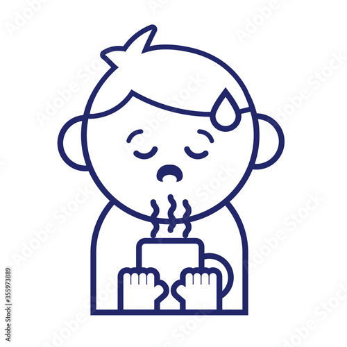 man with fever sick drinking tea kawaii line style