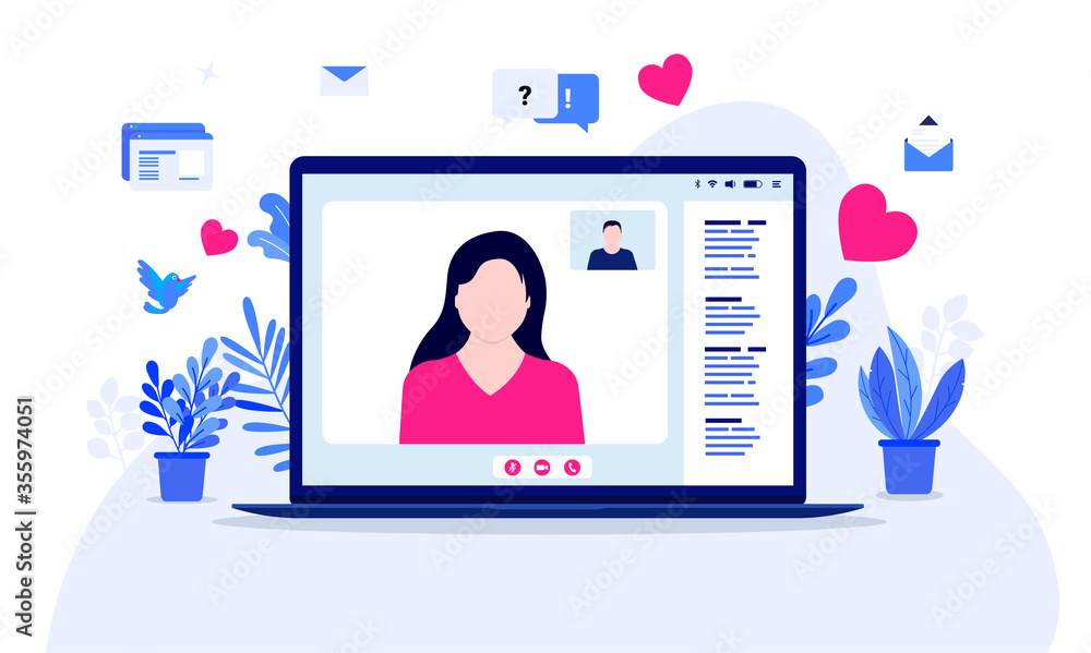 Online dating girl - Laptop computer with video call showing a woman on screen. Chat in right margin. Vector illustration. Online dating girl - Laptop computer with video call showing a woman on screen. Chat in right margin. Vector illustration.