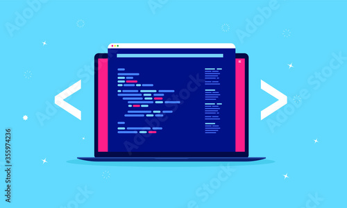 Web development - Laptop computer with coding software popping out of screen. Unrecognisable code language. Vector illustration.