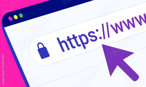 Surfing the web with ssl encryption. Browser window with mouse pointer and https address. Vector illustration. photo
