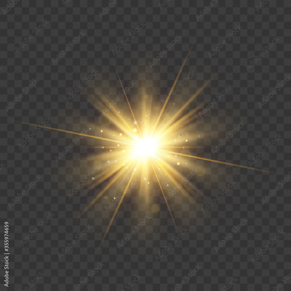 Gold glitter star burst with sparkles. Vector glow light effect - obrazy, fototapety, plakaty 