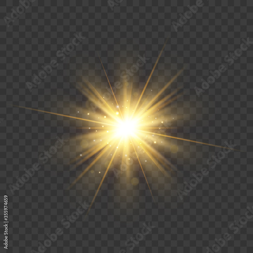 Gold glitter star burst with sparkles. Vector glow light effect