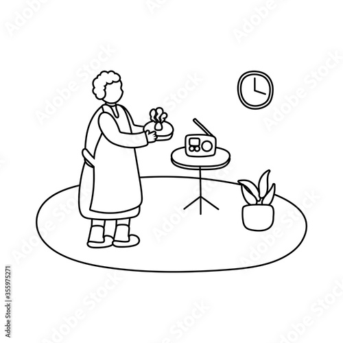 eldery woman cooking pie in home activity line style