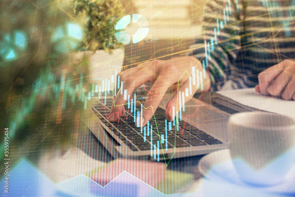 Double exposure of woman hands typing on computer and forex chart hologram drawing. Stock market invest concept. Double exposure of woman hands typing on computer and forex chart hologram drawing. Stock market invest concept.